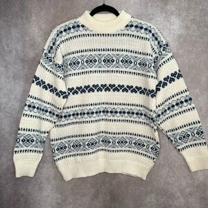 Vintage 80’s American Pride Sweater Womens Large Cream Blue Heart Fair Isle Knit